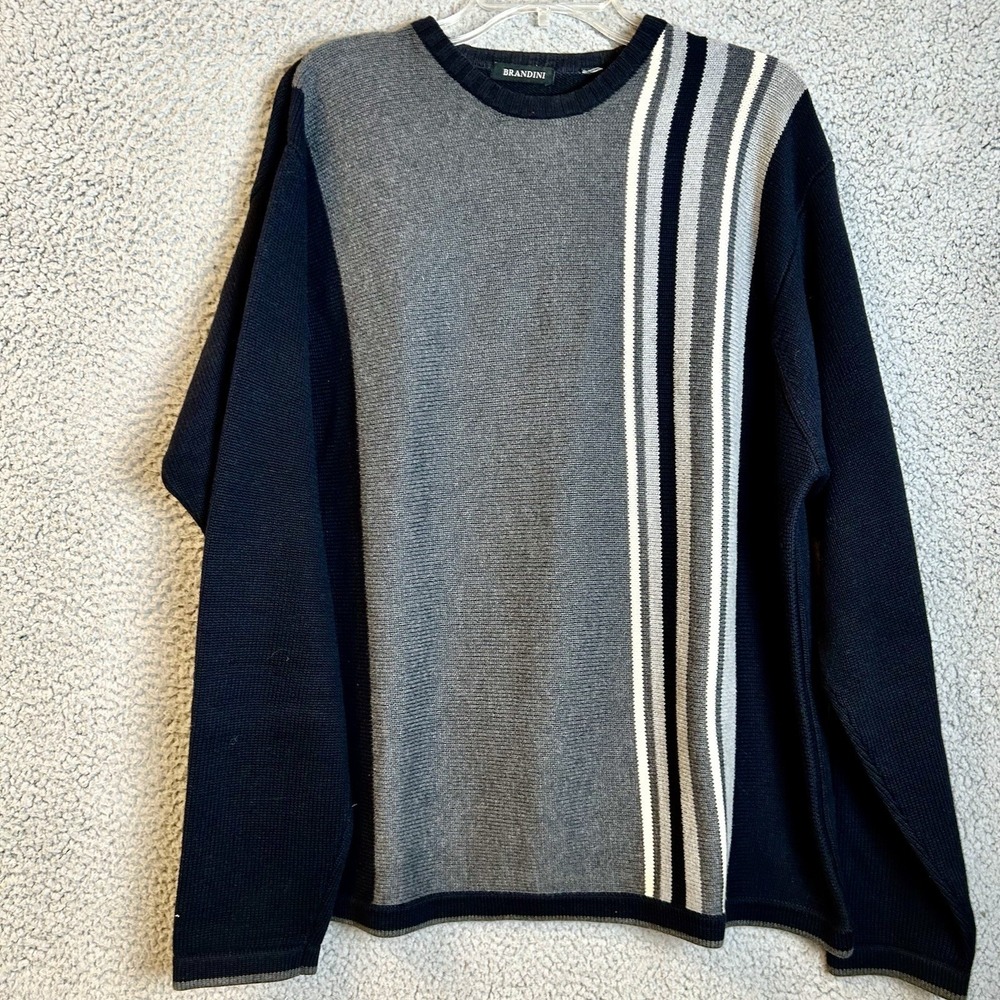 BRANDINI Sweater Mens XL Black Vintage Striped Crewneck Knit Pullover Skater 90s
